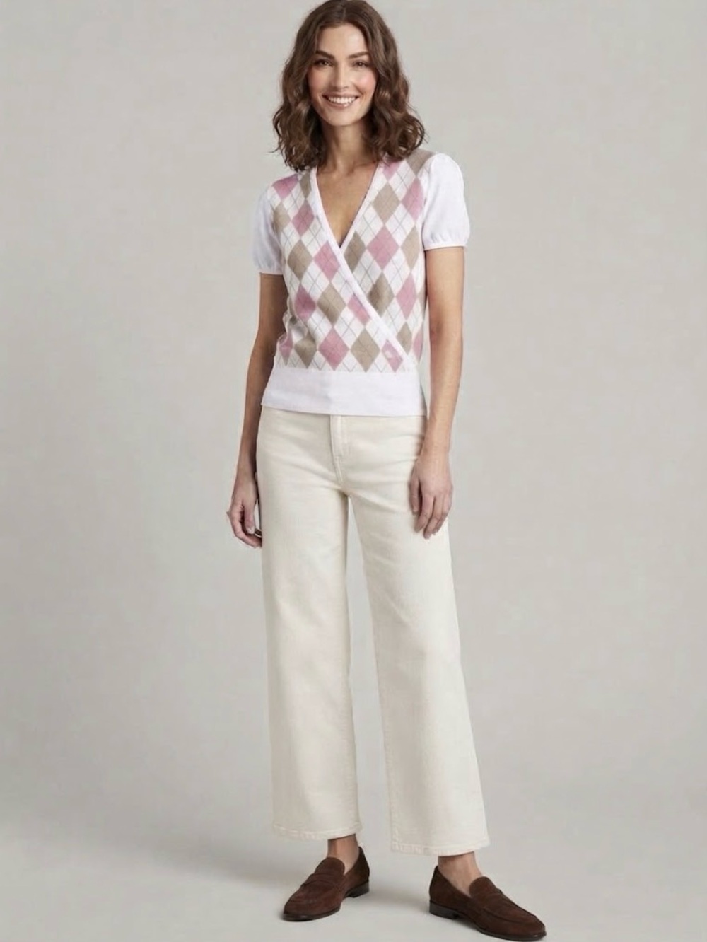 Burberry Vintage Pink and Beige Argyle V-Neck Knit Top